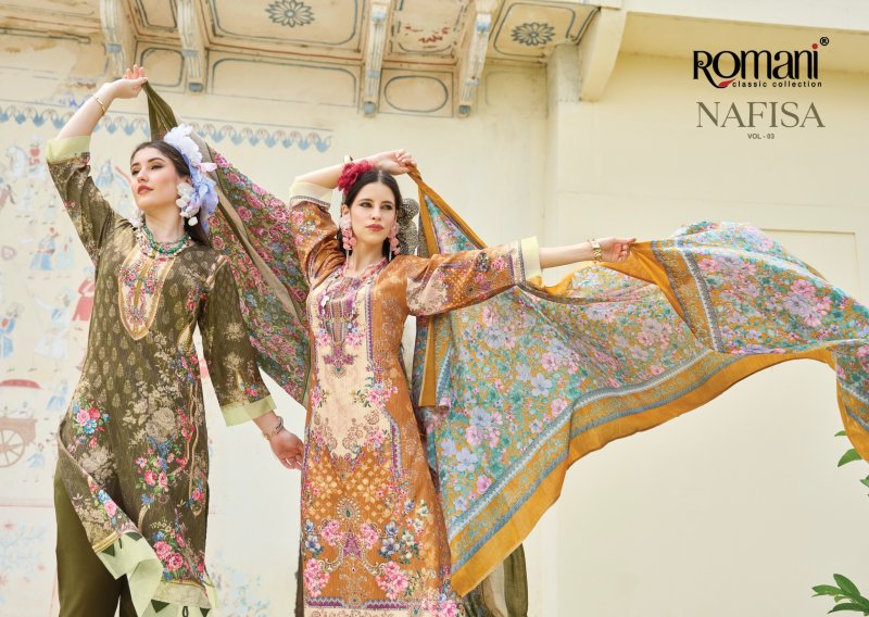 Nafisa Vol 3 By Romani Cotton Mal Printed Embroidery Dress Materials